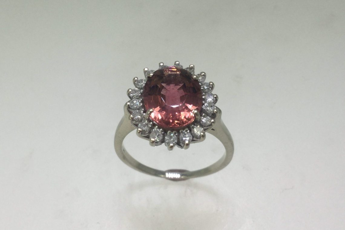 rose tourmaline diamond halo ring